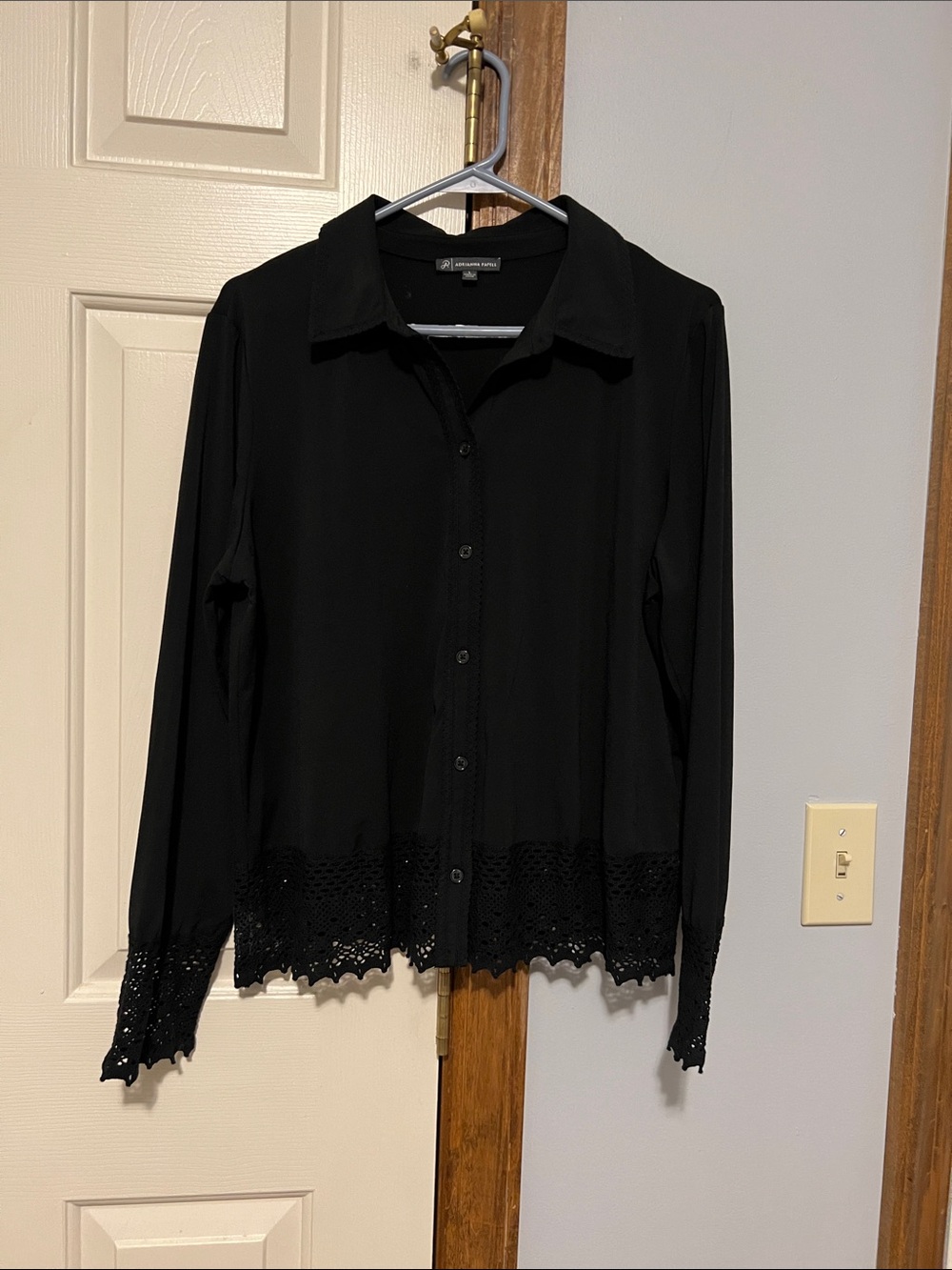 Adrianna Papell Black Button-Down Blouse with Crochet Trim
